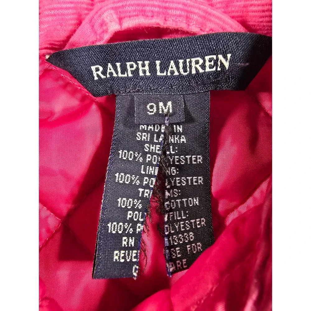 Ralph Lauren Baby Girls Pink Quilted Barn Jacket Coat Corduroy Trim 9m Classic